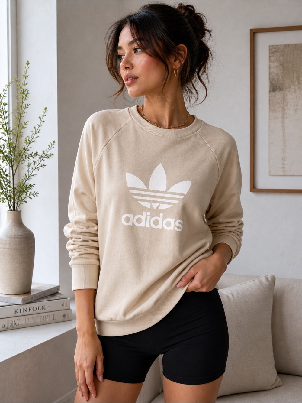 Adidas Trefoil crew sweatshirt nude beige white S